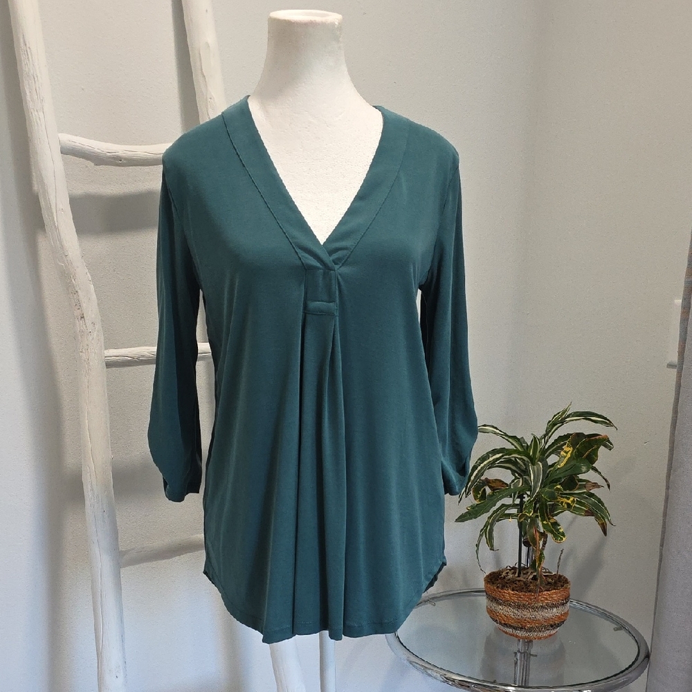 Women's Teal V-Neck Modal Flowy Pleated Tunic Top
